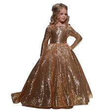 Gold Little Girls Dresses Floor Length Ball Gowns For Kids Birthday Party Dress For Girls Fancy Flower Girls Dresses 2 12 Years Prom Dresses Long With Sleeves Toddler Pageant Dresses Fancy Flower