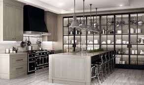 Interesting Wall Of Glass Storage Modern But Some Traditional Look Nice Hood With Metal Trim Modern Farmhouse Kitchens Kitchen Style Custom Kitchen Cabinets