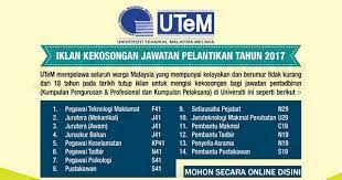 Jawatan kosong dbkl malaysia 2020 pembukaan ogos sampai september 2020 mohon kerja dbkl malaysia 2020. Jawatan Kosong Terkini Di Universiti Teknikal Malaysia Melaka Utem Pelbagai Gred Rm1 408 40 Rm9 618 00 Jobcari Com Jawatan Kosong Terkini