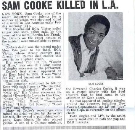 We all remembered Sam Cooke, especially when he sung “Darling, you send me.” But 60 years ago today on December 11, 1964, his last words were “Lady, you sh0t me...”