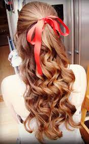 Prom Hair Bow Red Hairstyle Curly Long Brunette Halloween Hair Hair Styles Ribbon Hairstyle
