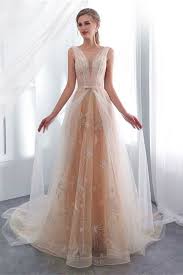 Stunning A Line Sheer Top Low Back Corset Champagne Lace Prom Evening Dress With Bow Cocktail Dress Wedding Wedding Dress Belt A Line Wedding Dress