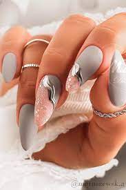 Matte Grey And Pink Almond Shaped Nail Art Design In 2021 Cute Acrylic Nails Stylish Nails Art Gray Nails