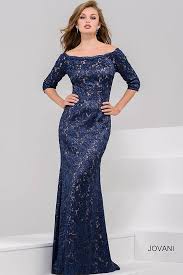 Jovani Dress 34072 Navy Lace Long Fitted Three Quarter Sleeve Boat Neck Dress Evening Gowns Elegant Mother Of The Bride Dresses Long Lace Dress Long
