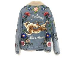 Made To Order Gucci Guccy L Aveugle Par Amour Boa Embroidery Embroidered Sukajan Bomber Souvenir Denim Jacket Size 44 Fashion Denim Jacket Women Custom Clothes