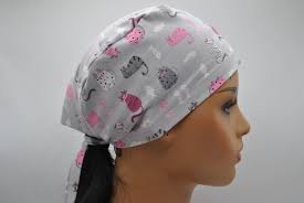 Grey, Pink & White Kitties Cat Surgical Scrub Cap, Head Cover, Scrub Hat,  Tie Back, Sizes Medium and Large