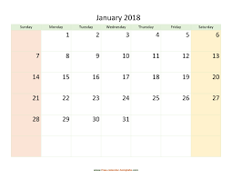 The 12 months calendars print out on 12 pages. January 2018 Calendar Printable With Coloring On Weekend Horizontal Free Calendar Template Com