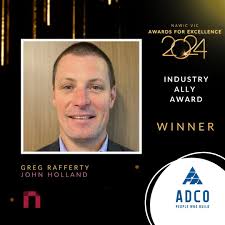 Congratulations Greg Rafferty from John Holland WINNER: ADCO INDUSTRY ALLY  AWARD at the NAWIC VIC Awards for Excellence 2024 As the Social Inclusion  Manager for John Holland, Greg has been a passionate