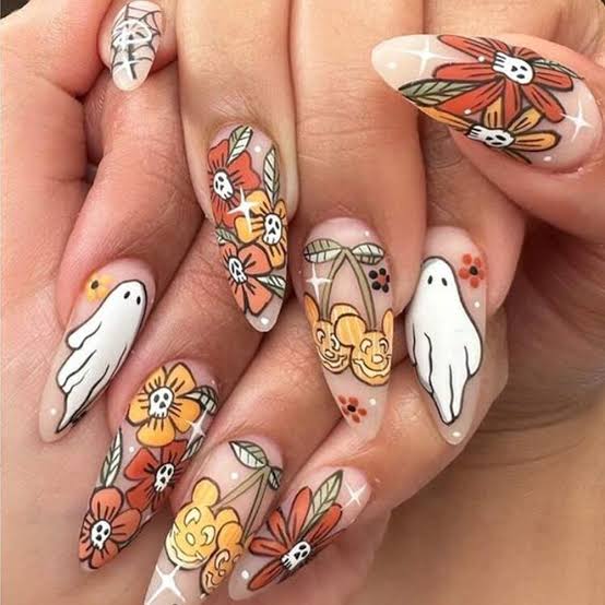 Nails Cute Ghost & Floral False Nail