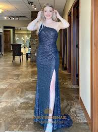 Ellie wilde fitted jersey dress ew120016. One Shoulder Sequin Pleated Navy Blue Prom Dress With Thigh High Slits Fancy Bridesmaid Dresses