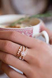14kt Gold And Diamond Double Band Moonstone Hex Ring Moonstone Engagement Ring Wedding Rings Unique Moonstone Engagement