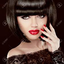 See more ideas about black hair updo hairstyles, natural hair styles, hair styles. Portrait Of Sexy Brunette Woman With Short Black Hair Red Lips Manicured Polish Nails Makeup Hairstyle Isolated On Dark Stock Photo Picture And Royalty Free Image Image 24106310