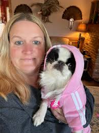 Japanese Chin baby girl Suki and her crocheted dog toy