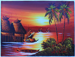 Lukisan abstrak motif pemandangan sawah senja panajang 25. Dschungel Shop Gemalde Fischerdorf Sonnenuntergang