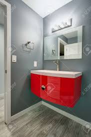 Small vanities & sinks you can squeeze into even the tiniest bathroom. Grey And Red Bathroom Design In A Freshly Renovated Home Gray Stock Photo Picture And Royalty Free Image Image 96303170