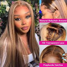 Highlight Ombre Lace Front Wig Human Hair HD Transparent Lace 13x4 Human  Hair Wigs for Black Women P4/27 Honey Blonde Sraight Lace Front Wig Pre  Plucked Human Hair Wigs with Baby Hair