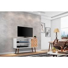 Featuring a large open compartment, one hidden cubby, and three center shelves to create the ultimate entertainment center perfect for stashing dvds, board games, electronics, and media accessories. Manhattan Comfort Liberty Tv Stand With 2 Shelves And 1 Door 42 52 In X 25 8 In White 3d Brown Prints 212bmc67 Rona