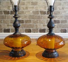 Vintage Pair Of Amber Glass Base Table Lamps W Night Light Bases Lamp Amber Glass Table Lamp