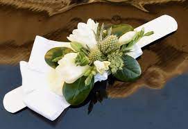 Homecoming Wrist Corsage With White Freesia And Green Thistle Wrist Flowers Floral Art Head Wreath