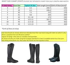 size chart for fuller fillies dress boots and field boots