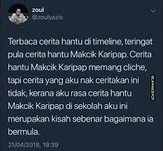 Kronologi cerita ini berawal dari @hebosto yang menaiki bus dari bekasi menuju ke arah bandung. Lawak Siyot Kisah Benar Hantu Makcik Karipap Jangan Facebook