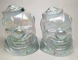 Wheaton Glass Circus Clown Bookends Pair Rare Iridescent Carnival Vintage Vintage Wheaton Rare