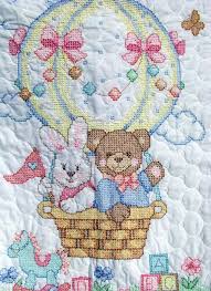 Over 19,000 patterns & kits. Vintage Handmade Cross Stitch Baby Quilt Bear Bunny Balloon From Dimensions 79001 Marjorie Sarnat Finished Baby Blanket White Pink Blue Bear Quilts Cross Stitch Baby Cross Stitch Baby Blanket