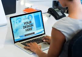 Woman Using Laptop At Work Mockup Website Design Business Card Logo Design