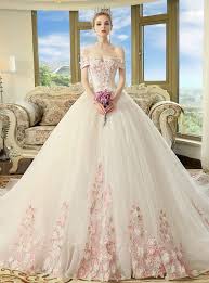 White Tulle Pink Appliques Off The Shoulder Wedding Dress With Long Train White Ball Gowns Colored Wedding Dresses Ball Gown Wedding Dress