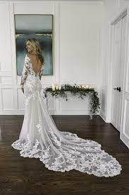 Low Back Floral Lace Wedding Dress With Long Sleeves Essense Of Australia Essense Of Australia Wedding Dresses Bridal Couture Bridal Designs