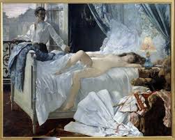 Rolla. Ein Paar in einem Schlafzimmer, die Frau schläft nackt und der Mann  schaut ihr durch das Fenster zu. Gemälde von Henri Gervex (1852 - 1929).  1878. Abm. 1,75 x 2,20 m