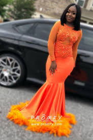 Black And Orange Dress Orange Lace Satin And Feather Mermaid Prom Dress In 2020 Orange Prom Dresses