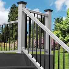 veranda traditional 6 ft x 36 in white polycomposite stair rail kit with black metal balusters 73024861 the home depot in 2021 railings outdoor outdoor stair railing porch vinyl railing
