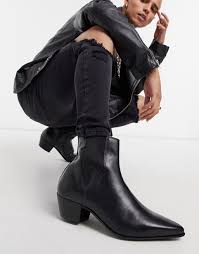 Suede chelsea boots 40mm heel. Asos Design Stacked Heel Western Chelsea Boots In Black Leather With Lightning Detail Asos