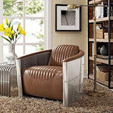 Zado Industrial Loft Upholstered Aviator Chair Brown Leather Barrel Chair Living Room Chairs Living Room Recliner Lounge Chair