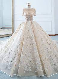 Champagne Ball Gown Sequins Short Sleeve Long Train Wedding Dress Champagneweddingdress Long Train Wedding Dress Ball Gowns Ball Gown Wedding Dress