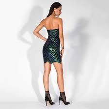 Taylored2fashion Sky Green Black Deep V Strapless Geometric Sequin Mini Dress