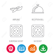 Air Plane European Socket And Reception Bell Icons Uk Socket