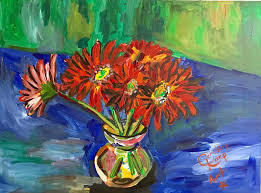 Expressionist Painting Of Red Daisies 40x30x1 5 Acrylic On Canvas Caroline Karp Artist