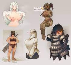 5girls areolae armor blush breasts cannibal crossbreed priscilla dark  souls dragon girl elden ring emoticon english text female female only  fromsoftware grey background huge breasts justrube looking at viewer