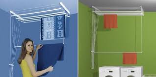 Suspended from the ceiling using a seamless pulley system. Airavie Ceiling Mounted Clothes Drying Rack With Seven Independent Bars