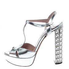 Miu Miu Silver Leather T Strap Crystal Embellished Heel Platform Sandals Size 38