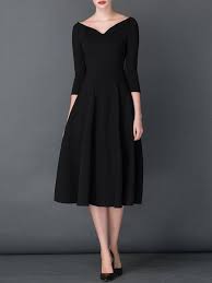 Black A Line Dress With Sleeves Usd 106 00 Vintage 3 4 Sleeve A Line Shirred V Neck Midi Dress Klasik Elbiseler Elbise Kiyafet