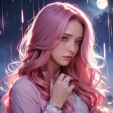 Un primer plano de una mujer con cabello rosa y un vestido rosa.