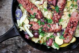 A healthy dish with chicken apple sausage, sweet potatoes, and brussels sprouts that is a perfect sweet and savory combo for a paleo and whole 30 approved meal. Chicken Apple Sausage Skillet With Cabbage And Potatoes Parsnips And Pastries