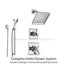 Delta Dryden Chrome Shower System With Thermostatic Shower Handle 3 Setting Diverter Modern Square Showerhead And Handheld Shower Ss17t5185 Shower Systems Shower Heads Modern Square