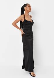 Premium Black Satin Cross Back Cowl Neck Maxi Dress Missguided