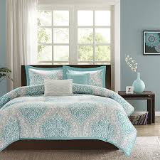 Full Queen Size 5 Piece Damask Comforter Set In Light Blue White And Grey Fastfurnishings Com