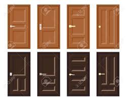 A unique door with a looking glass and exquisite wood color, it gives a bit of a rustic feel that is lovely and elegant all the same. Vector Flat Design House Door Set Collection Of Various Type Royalty Free Cliparts Vectors And Stock Illustration Image 127146828