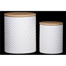 Very functional white canisters contains wooden lids. Urban Trends Collection 50954 Dolomite Round Canister With Wooden Lid Pressed Dotted Design Body 44 Coated Finish 44 White Set Of 2 Walmart Canada